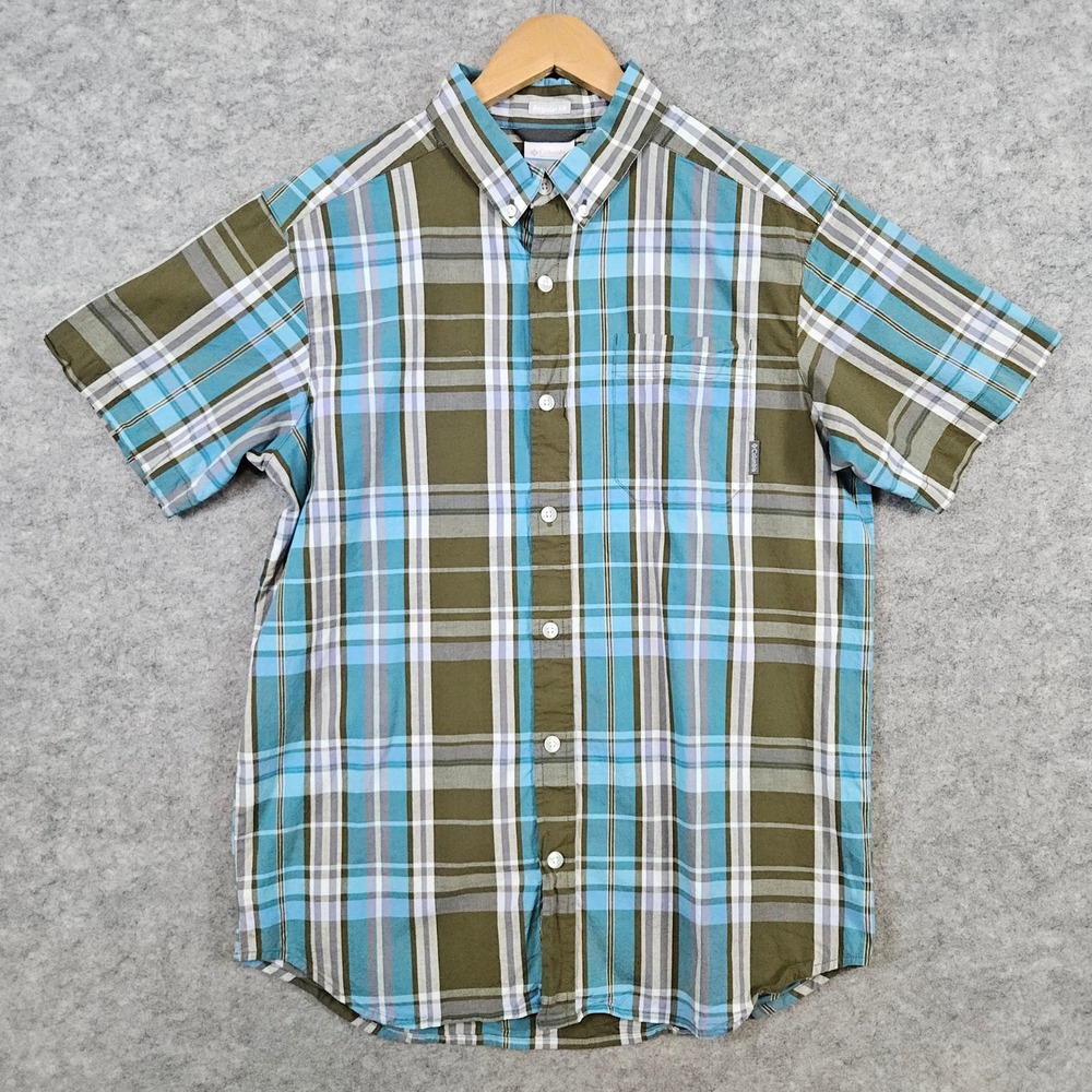 Columbia Men's Blue & Brown Plaid Shirt Size M Short Sleeve Regular Fit Pocket‎